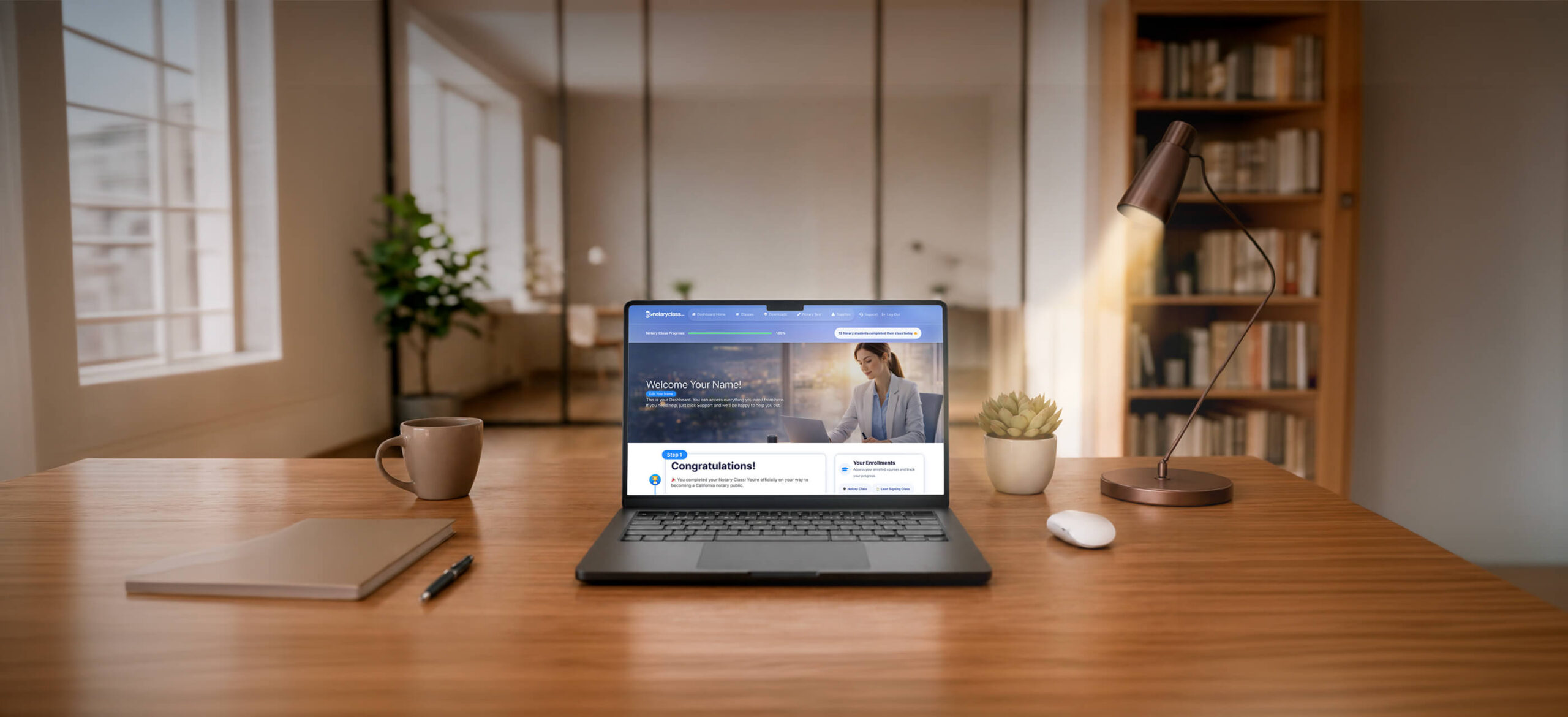 EZ Notary Class online course dashboard shown on a laptop