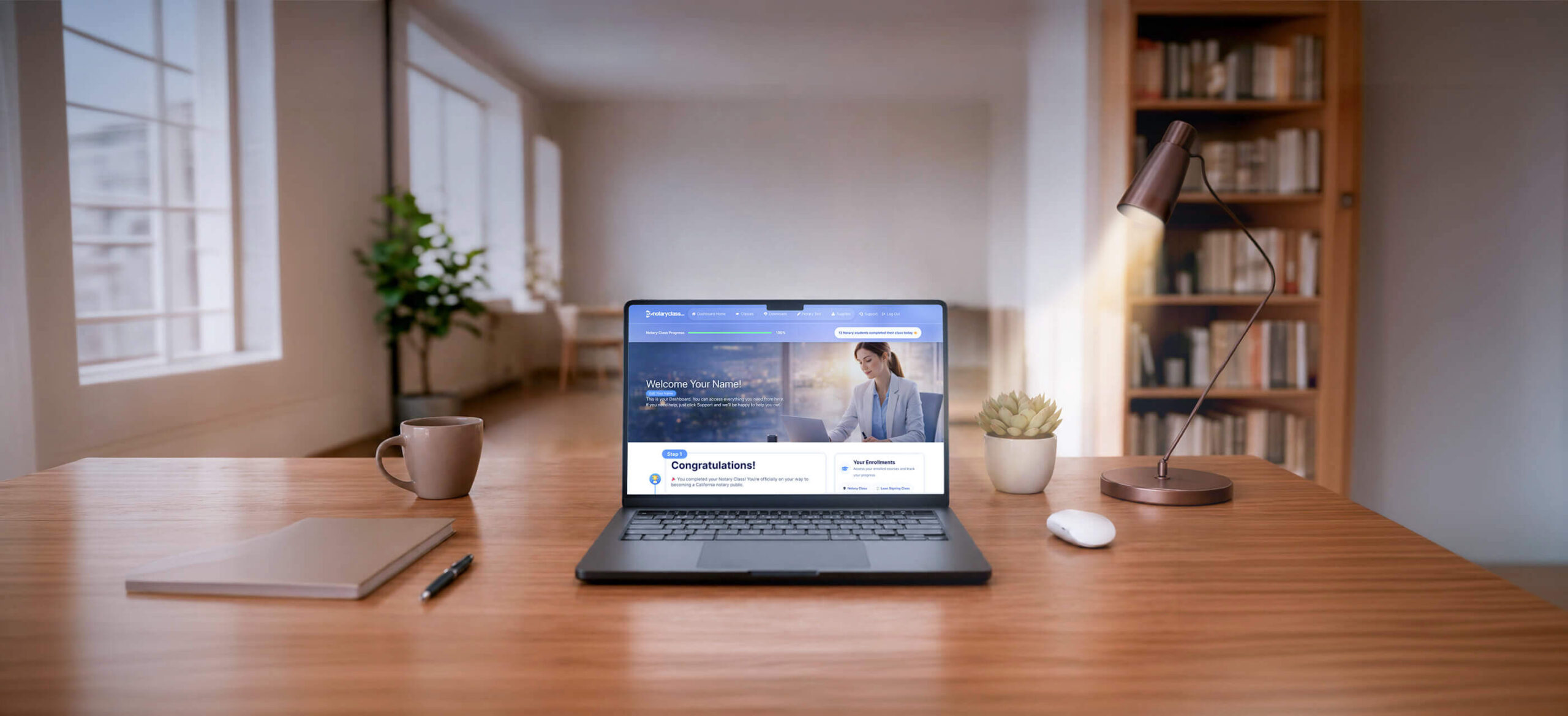 EZ Notary Class online course dashboard shown on a laptop